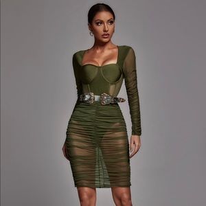 Olive Green Bathsheba Mesh Bandage Dress